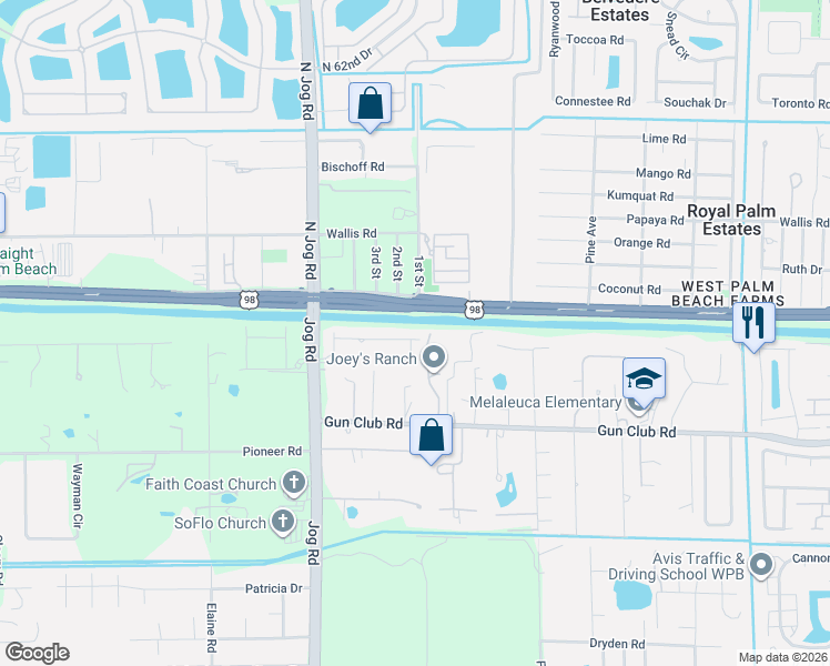 map of restaurants, bars, coffee shops, grocery stores, and more near 1 Jog Road in West Palm Beach