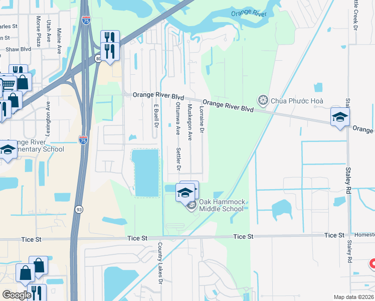 map of restaurants, bars, coffee shops, grocery stores, and more near 1778 Settler Drive in Fort Myers