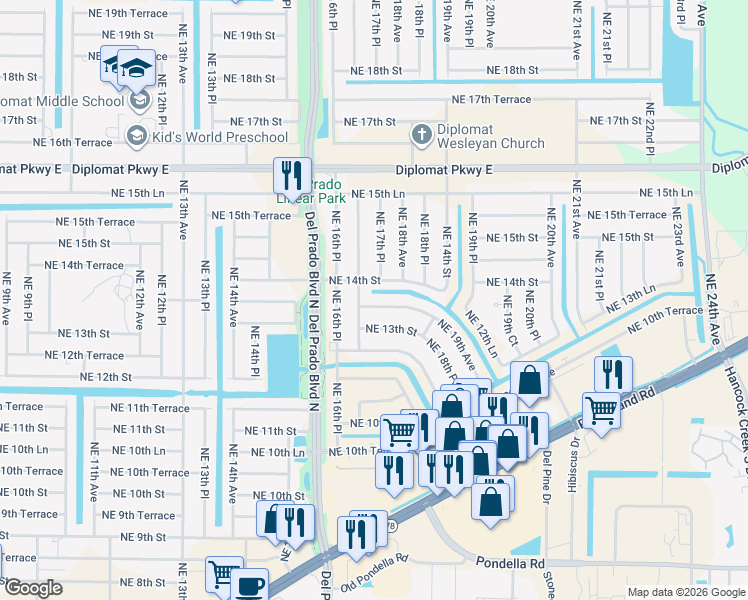 map of restaurants, bars, coffee shops, grocery stores, and more near 1707 Northeast 13th Terrace in Cape Coral