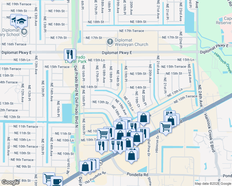map of restaurants, bars, coffee shops, grocery stores, and more near 1826 Northeast 14th Street in Cape Coral