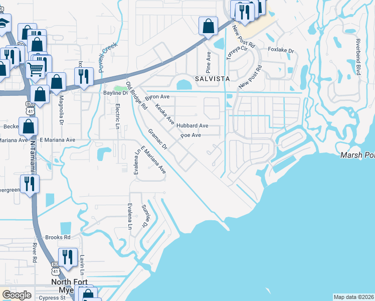map of restaurants, bars, coffee shops, grocery stores, and more near 1190 Old Bridge Road in North Fort Myers