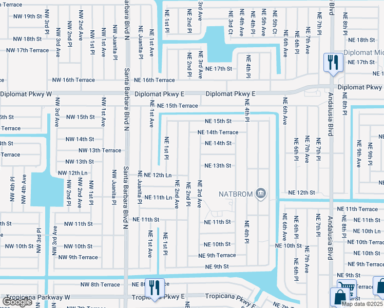 map of restaurants, bars, coffee shops, grocery stores, and more near 1315 Northeast 2nd Place in Cape Coral