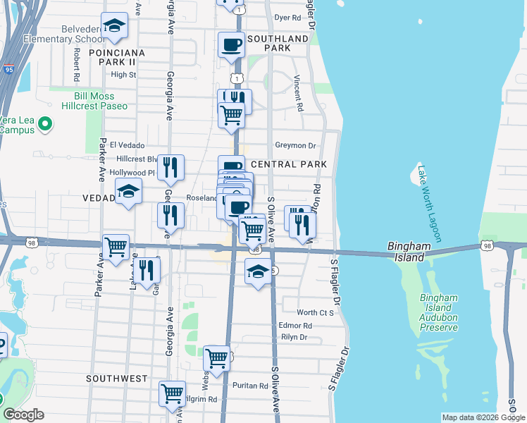 map of restaurants, bars, coffee shops, grocery stores, and more near 303 Central Drive in West Palm Beach