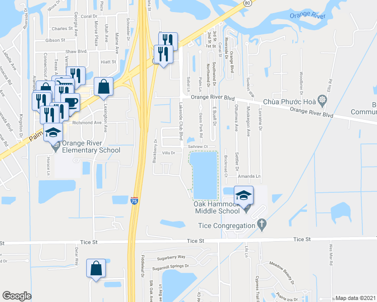 map of restaurants, bars, coffee shops, grocery stores, and more near 4641 Lakeside Club Boulevard in Fort Myers