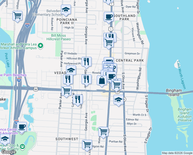map of restaurants, bars, coffee shops, grocery stores, and more near 3725 Russell Avenue in West Palm Beach