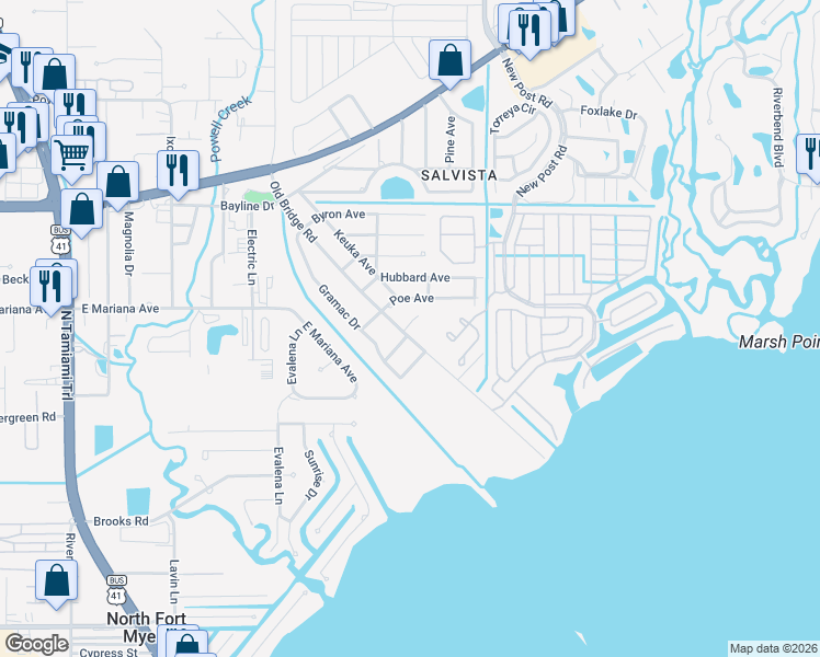 map of restaurants, bars, coffee shops, grocery stores, and more near 1190 Old Bridge Road in North Fort Myers