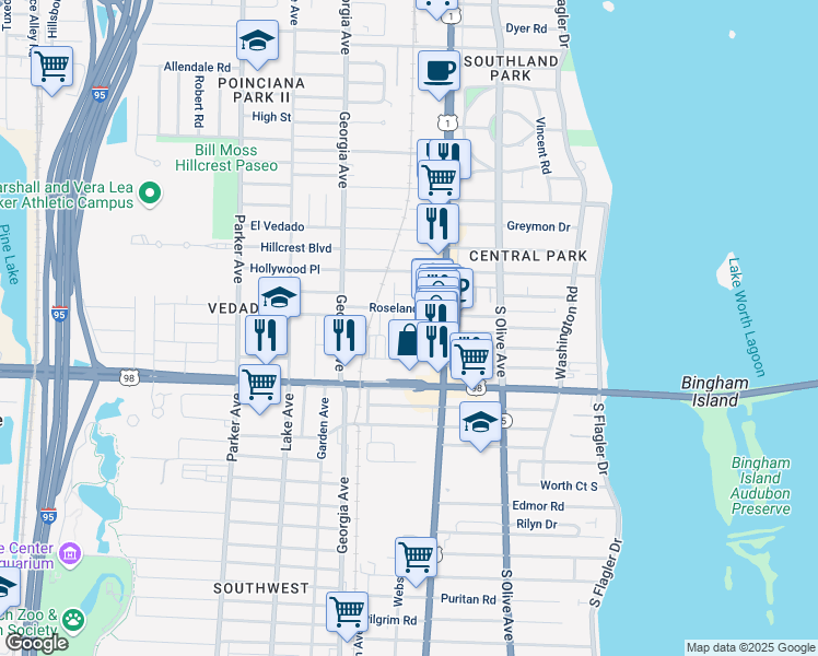 map of restaurants, bars, coffee shops, grocery stores, and more near 3725 Russell Avenue in West Palm Beach