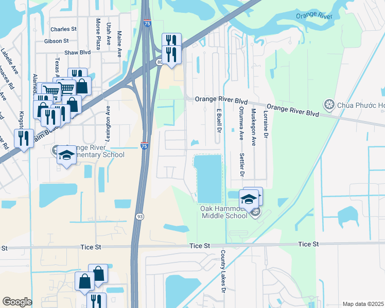 map of restaurants, bars, coffee shops, grocery stores, and more near 4641 Lakeside Club Boulevard in Fort Myers