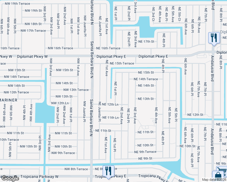 map of restaurants, bars, coffee shops, grocery stores, and more near 1313 Northeast 1st Place in Cape Coral