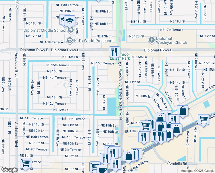 map of restaurants, bars, coffee shops, grocery stores, and more near 1421 Northeast 13th Terrace in Cape Coral