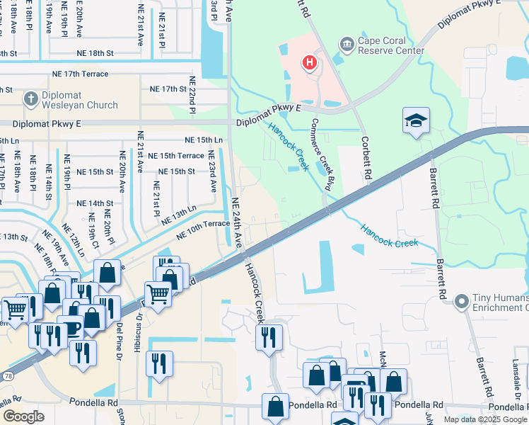 map of restaurants, bars, coffee shops, grocery stores, and more near 2505 Liberty Park Dr in Cape Coral