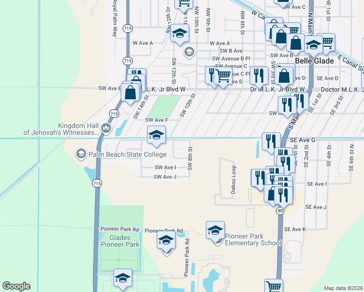 map of restaurants, bars, coffee shops, grocery stores, and more near 900 Southwest Avenue G Place in Belle Glade