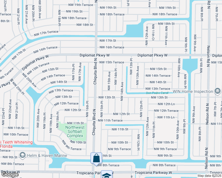 map of restaurants, bars, coffee shops, grocery stores, and more near 1502 Northwest 13th Terrace in Cape Coral