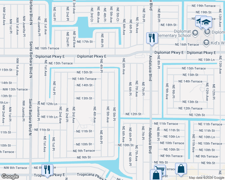 map of restaurants, bars, coffee shops, grocery stores, and more near 1313 Northeast 5th Avenue in Cape Coral
