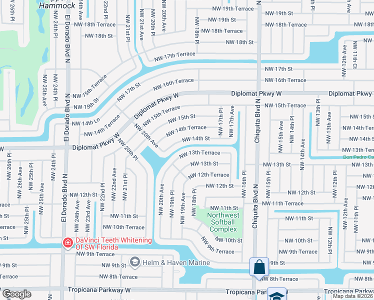 map of restaurants, bars, coffee shops, grocery stores, and more near 1822 Northwest 13th Terrace in Cape Coral
