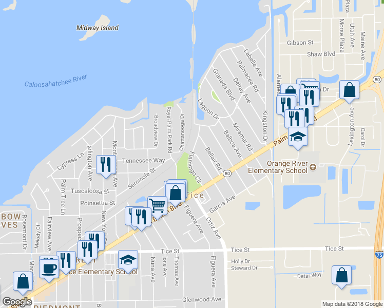 map of restaurants, bars, coffee shops, grocery stores, and more near 329 Flamingo Circle in Fort Myers
