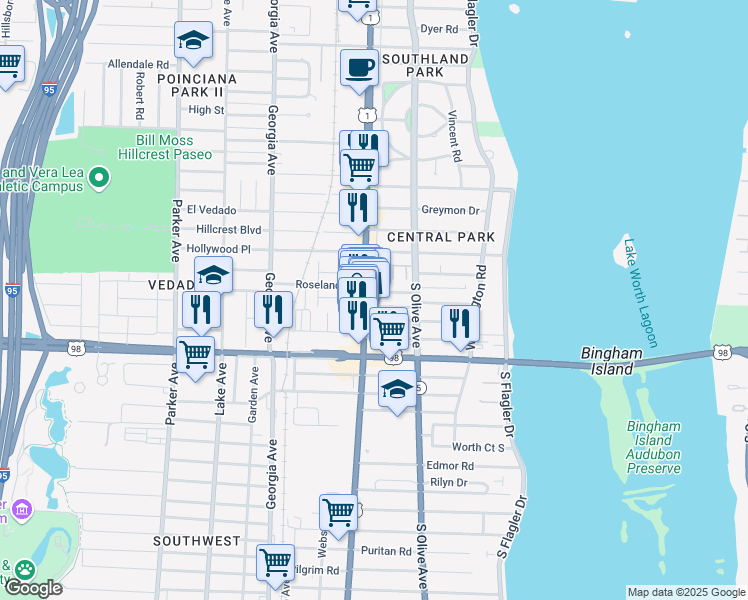 map of restaurants, bars, coffee shops, grocery stores, and more near 3727 South Dixie Highway in West Palm Beach