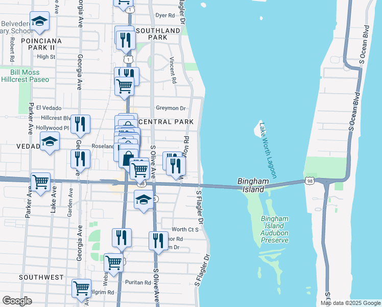 map of restaurants, bars, coffee shops, grocery stores, and more near 3800 Washington Road in West Palm Beach