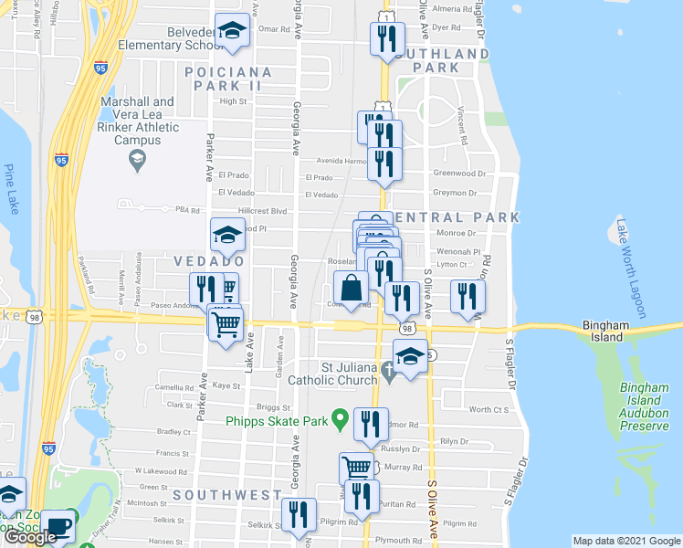 map of restaurants, bars, coffee shops, grocery stores, and more near 3725 Russell Avenue in West Palm Beach