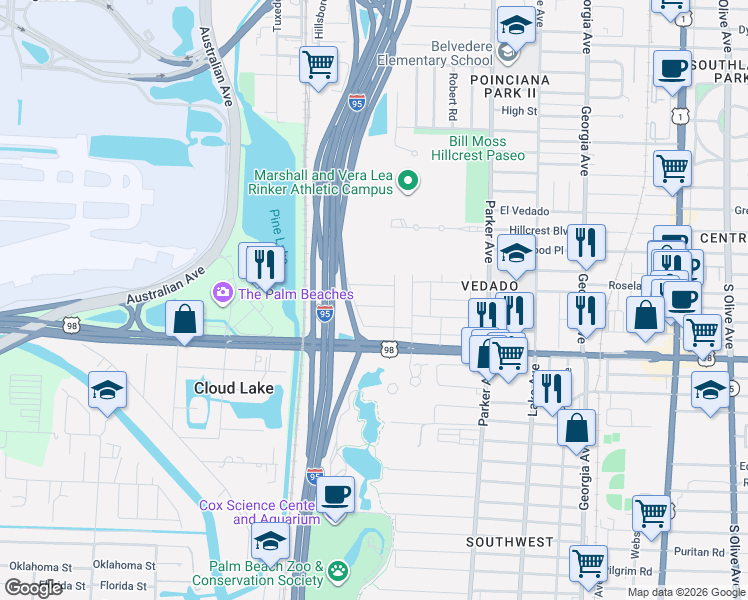 map of restaurants, bars, coffee shops, grocery stores, and more near 3801 Merrill Avenue in West Palm Beach