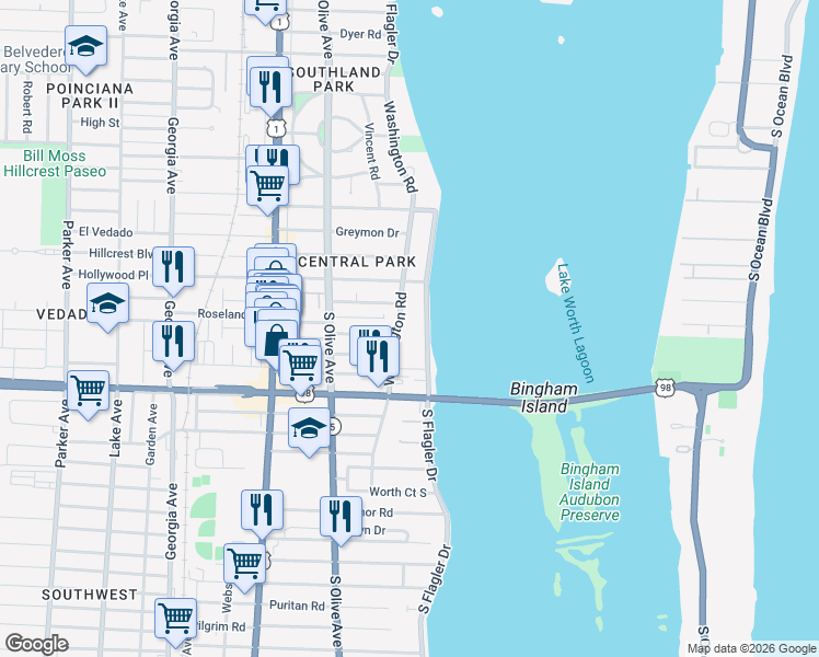 map of restaurants, bars, coffee shops, grocery stores, and more near 3705 South Flagler Drive in West Palm Beach