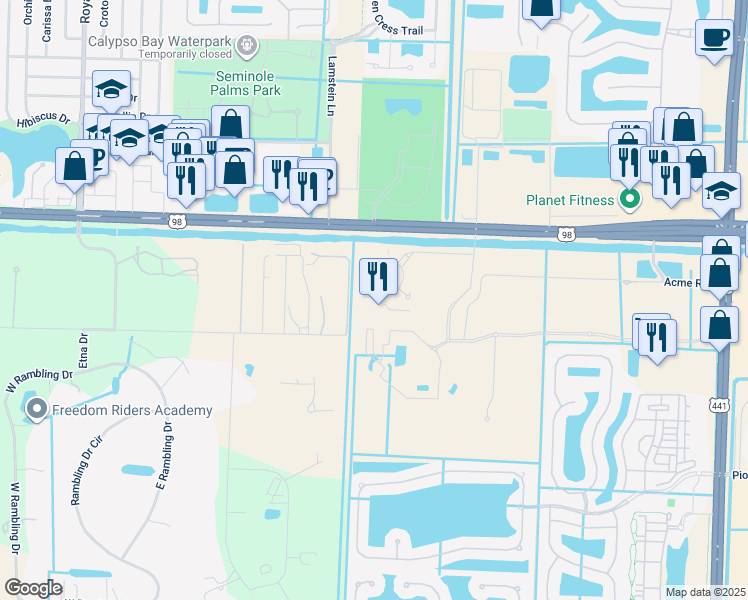 map of restaurants, bars, coffee shops, grocery stores, and more near 11020 Town Circle in Royal Palm Beach