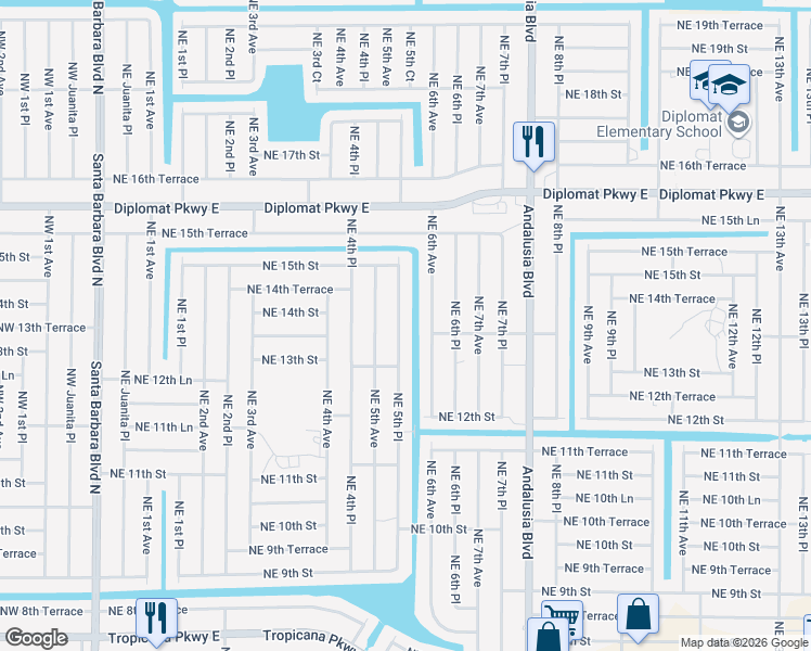 map of restaurants, bars, coffee shops, grocery stores, and more near 1314 Northeast 6th Avenue in Cape Coral