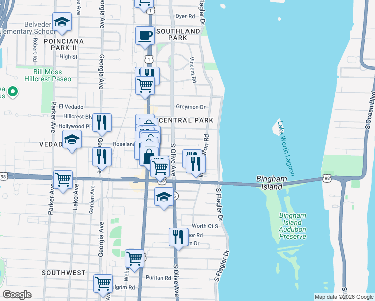 map of restaurants, bars, coffee shops, grocery stores, and more near 246 Lakeland Drive in West Palm Beach