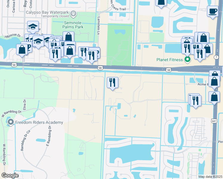 map of restaurants, bars, coffee shops, grocery stores, and more near 10960 Town Circle in Royal Palm Beach
