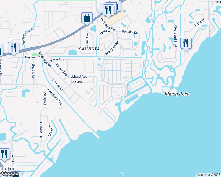 map of restaurants, bars, coffee shops, grocery stores, and more near 14523 Battery Bend in North Fort Myers