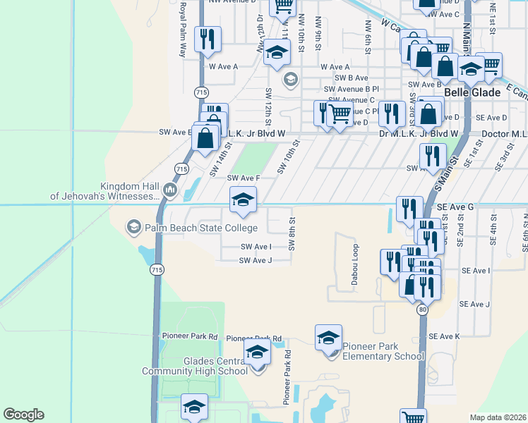 map of restaurants, bars, coffee shops, grocery stores, and more near 756 Southwest 10th Street in Belle Glade