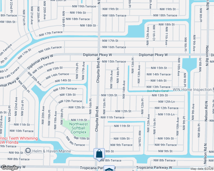 map of restaurants, bars, coffee shops, grocery stores, and more near 1502 Northwest 13th Terrace in Cape Coral