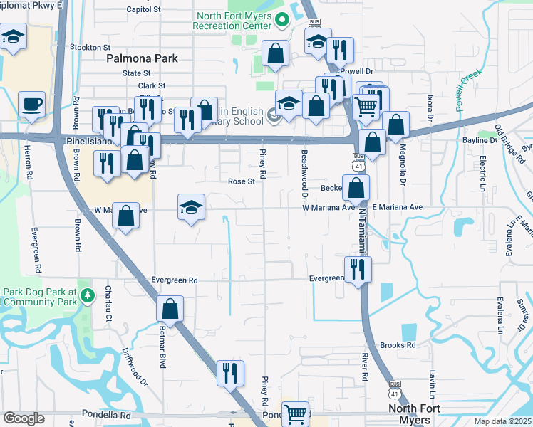 map of restaurants, bars, coffee shops, grocery stores, and more near 1527 Piney Road in North Fort Myers