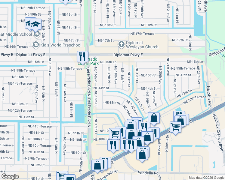 map of restaurants, bars, coffee shops, grocery stores, and more near 1805 Northeast 13th Terrace in Cape Coral