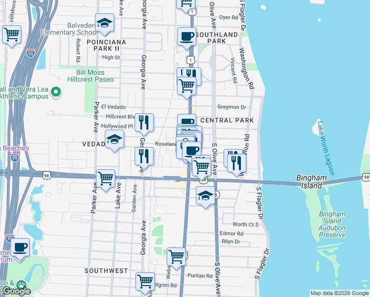 map of restaurants, bars, coffee shops, grocery stores, and more near 3727 South Dixie Highway in West Palm Beach