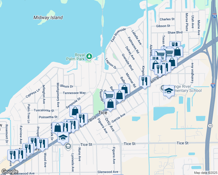 map of restaurants, bars, coffee shops, grocery stores, and more near 320 Bellair Road in Fort Myers
