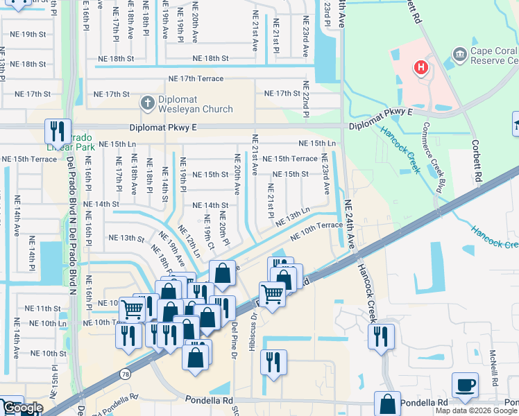 map of restaurants, bars, coffee shops, grocery stores, and more near 1329 Northeast 21st Avenue in Cape Coral