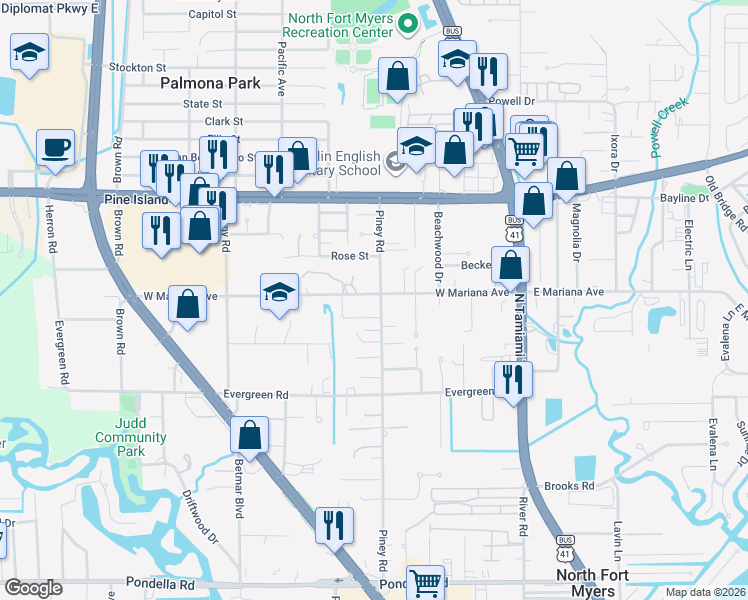 map of restaurants, bars, coffee shops, grocery stores, and more near 1527 Piney Road in North Fort Myers