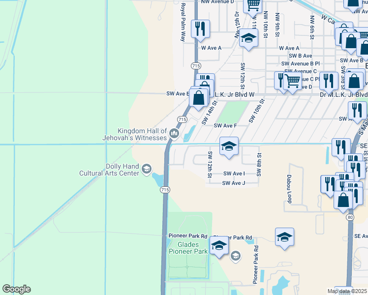 map of restaurants, bars, coffee shops, grocery stores, and more near 741 Southwest 14th Street in Belle Glade