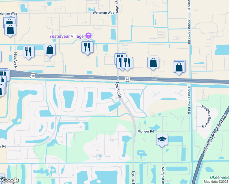 map of restaurants, bars, coffee shops, grocery stores, and more near 8630 Tally Ho Lane in Royal Palm Beach