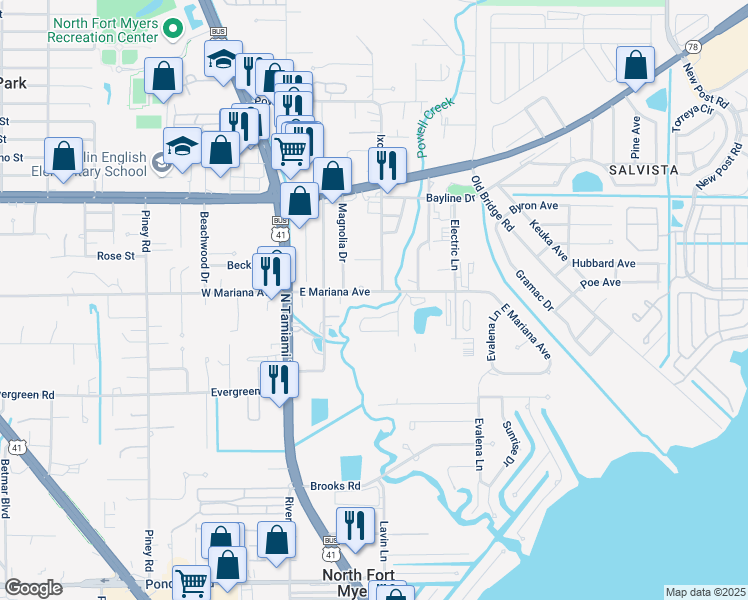 map of restaurants, bars, coffee shops, grocery stores, and more near 100 Powell Creek Circle in North Fort Myers