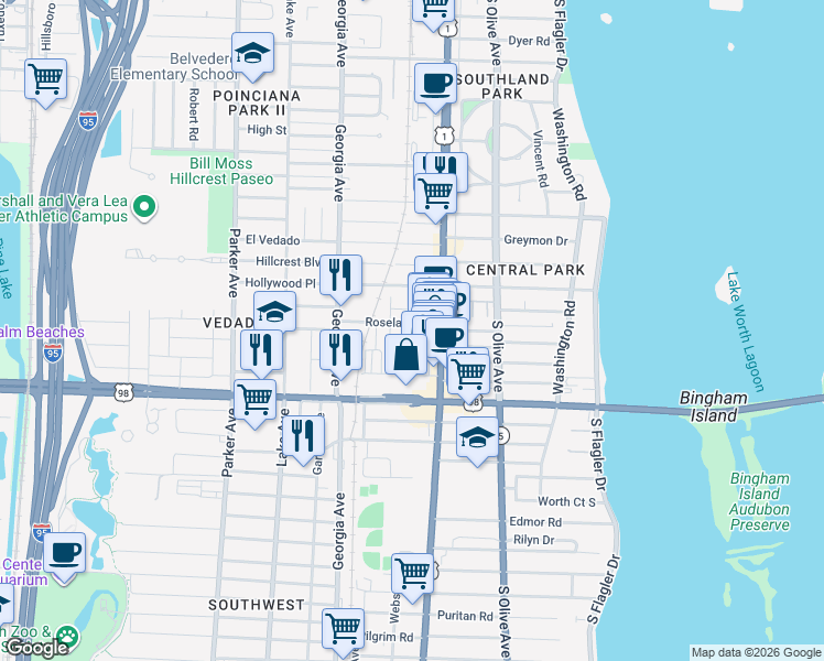 map of restaurants, bars, coffee shops, grocery stores, and more near 428 Roseland Drive in West Palm Beach