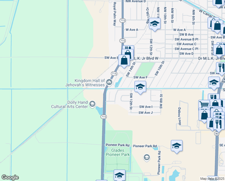 map of restaurants, bars, coffee shops, grocery stores, and more near 741 Southwest 14th Street in Belle Glade