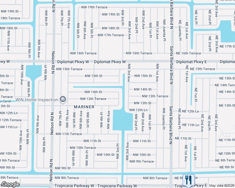 map of restaurants, bars, coffee shops, grocery stores, and more near 1313 Northwest 3rd Place in Cape Coral