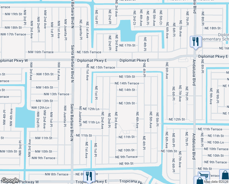 map of restaurants, bars, coffee shops, grocery stores, and more near 1315 Northeast 2nd Place in Cape Coral