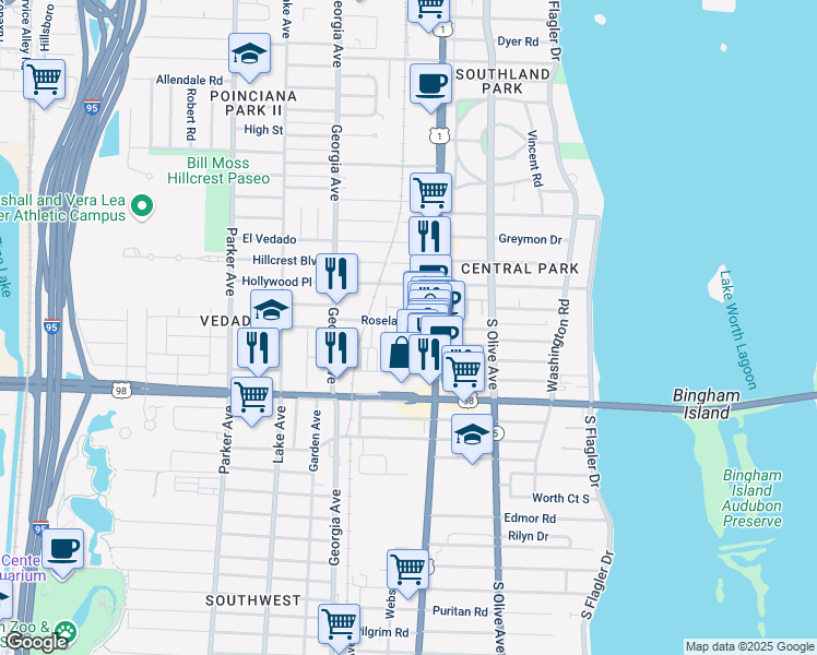 map of restaurants, bars, coffee shops, grocery stores, and more near 3725 Russell Avenue in West Palm Beach