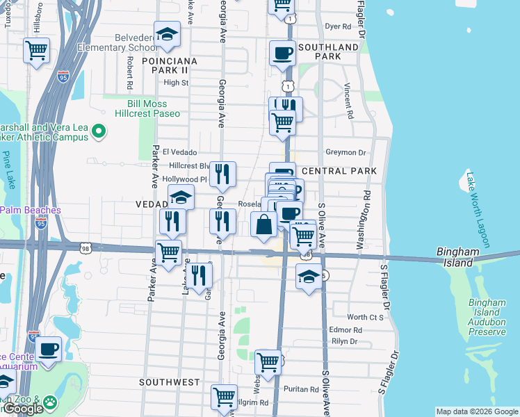 map of restaurants, bars, coffee shops, grocery stores, and more near 3725 Russell Avenue in West Palm Beach