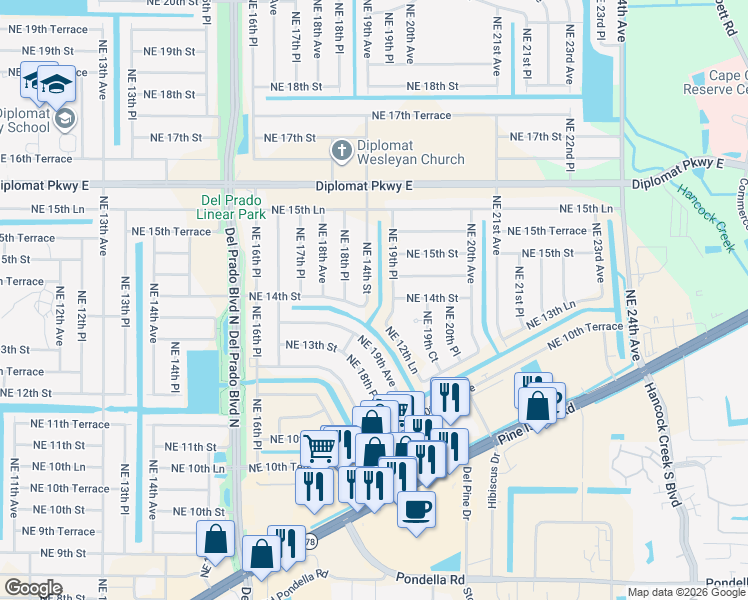map of restaurants, bars, coffee shops, grocery stores, and more near 1826 Northeast 14th Street in Cape Coral
