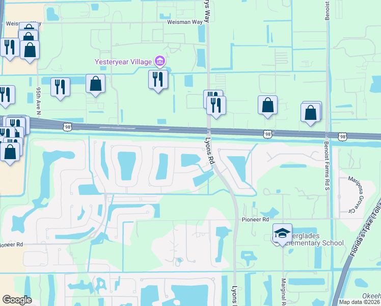 map of restaurants, bars, coffee shops, grocery stores, and more near 8695 Tally Ho Lane in Royal Palm Beach