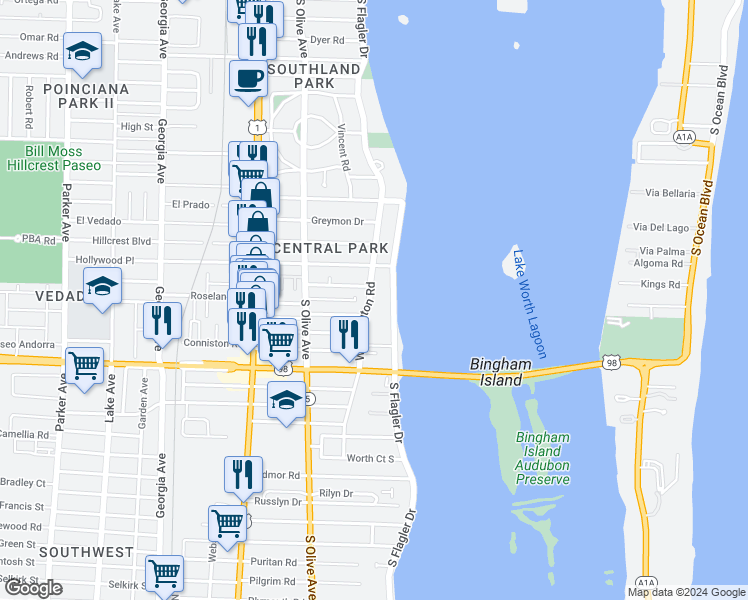 map of restaurants, bars, coffee shops, grocery stores, and more near in West Palm Beach